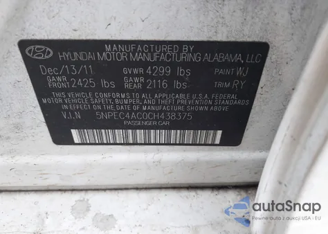 2012 Hyundai Sonata Limited z USA, uszkodzony, nr VIN 5NPEC4AC0CH438375